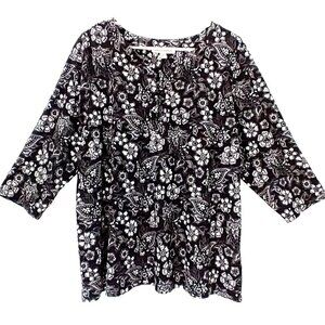 Emily Daniels Women's Top Pullover 3/4 Sleeve Stretch Floral Black White - 1X